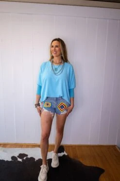 IVY JANE DOLMAN SLEEVE V-NECK RIB TOP- AQUA -Johnny Corral Shop 0D6A0091 928c3b02 12c1 4378 aaac 8295874b754c